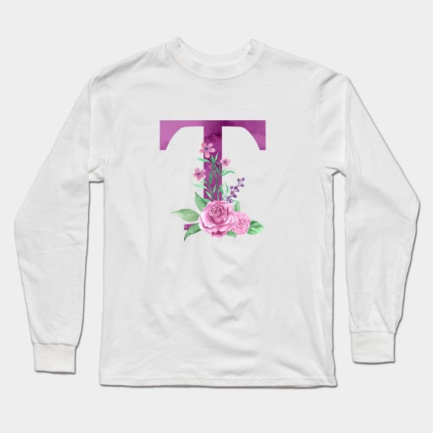 Floral Monogram T Beautiful Rose Bouquet Long Sleeve T-Shirt by floralmonogram